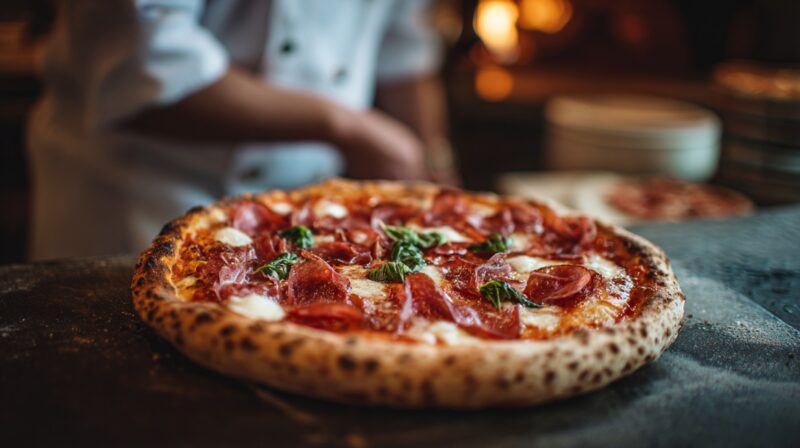 Sveže ispečena napuljska pica sa salamom i bosiljkom na radnoj površini pored pizzaiola