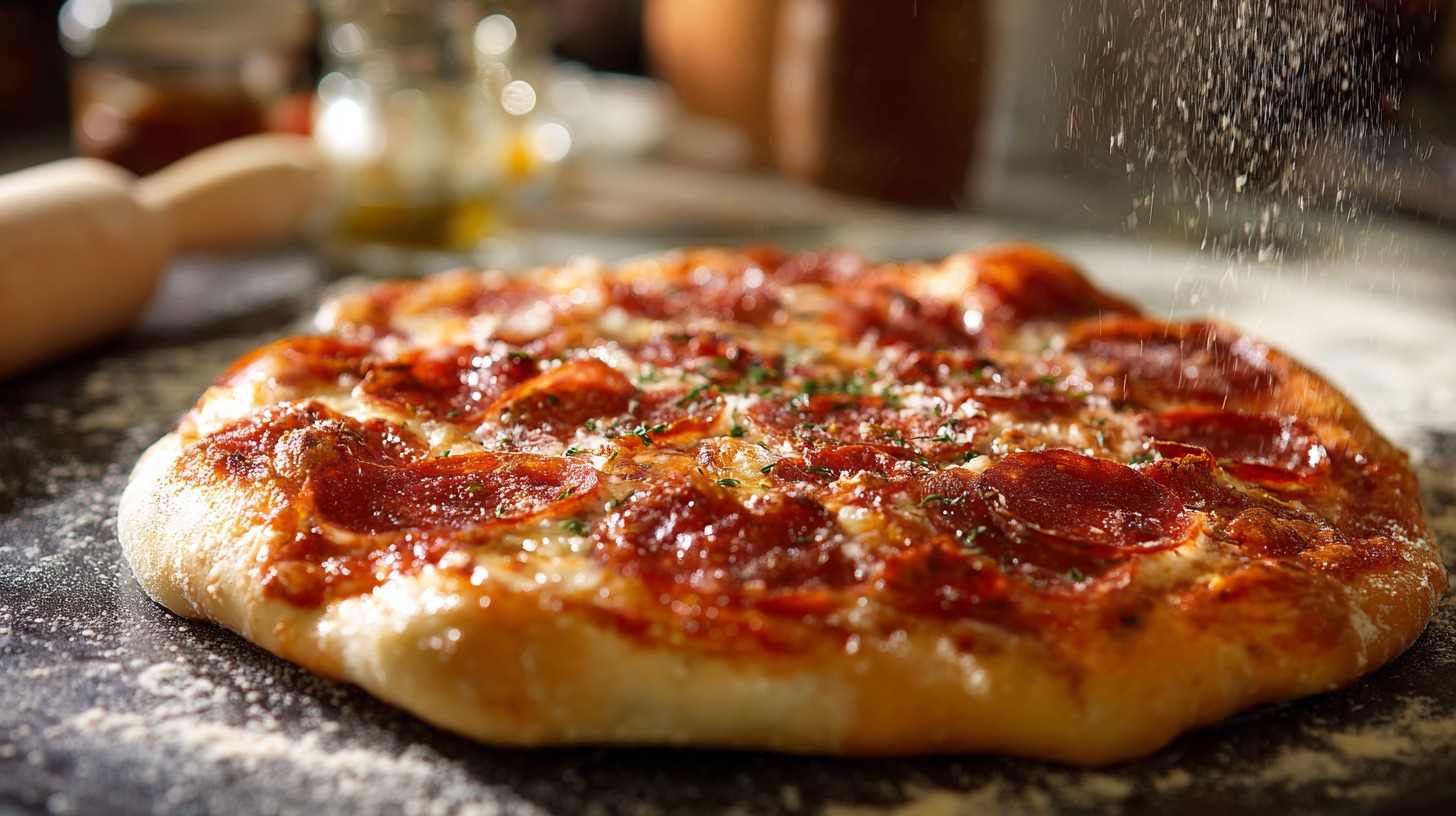 Topla pica sa peperonijem na stolu dok se posipa rendanim sirom