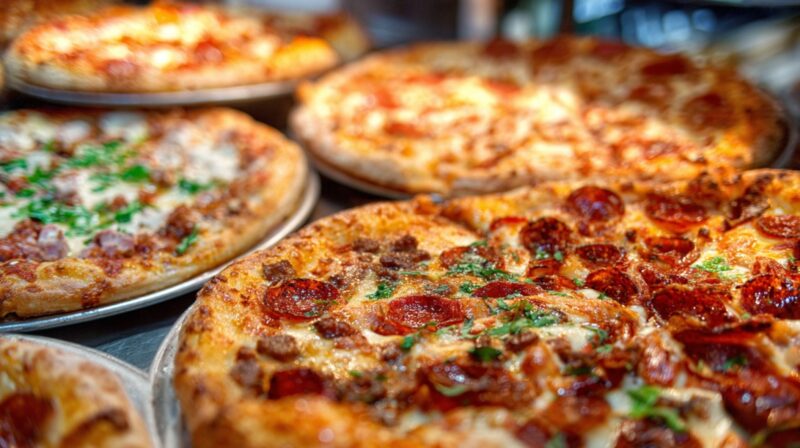 Više ispečenih pica sa različitim nadevima na metalnim tacnama