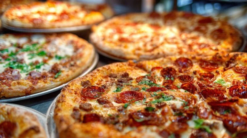 Više ispečenih pica sa različitim nadevima na metalnim tacnama