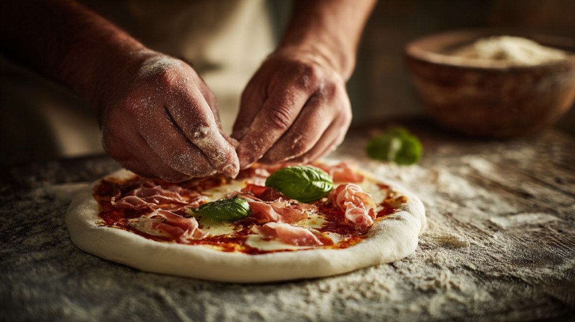 Ruke posute brašnom stavljaju bosiljak i šunku na testo za picu