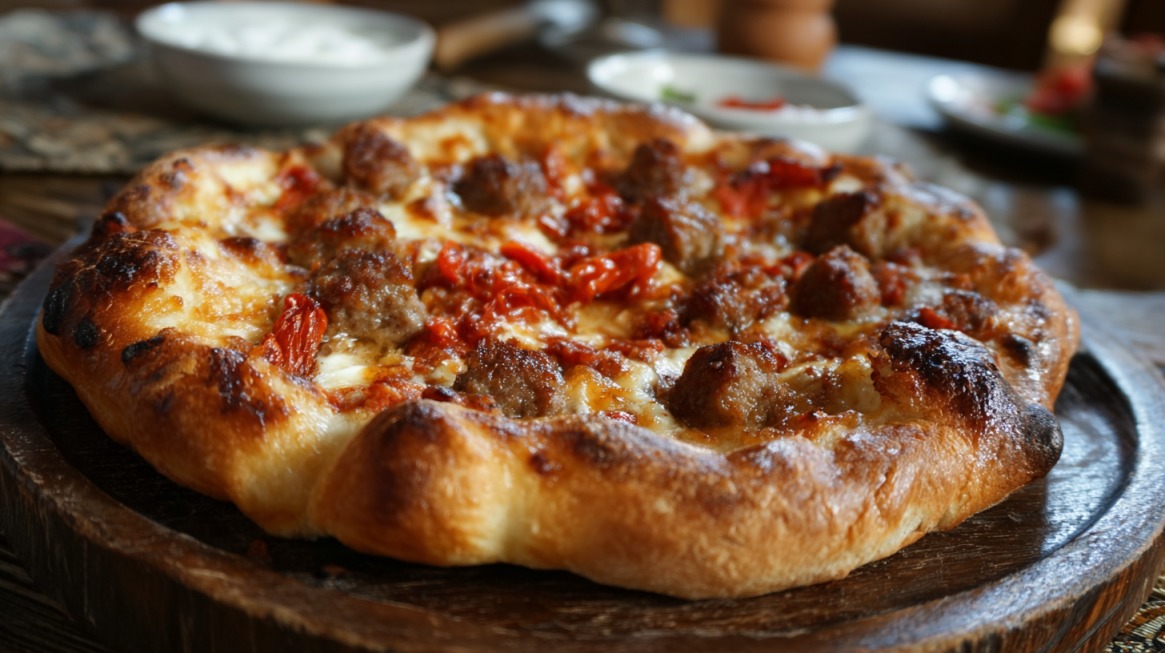 Bliska fotografija pice sa ćuftama i pečenim paradajzom na drvenoj dasci