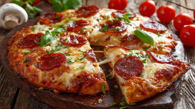 Pica sa sirom, pečenicom i začinima poslužena na drvenoj dasci