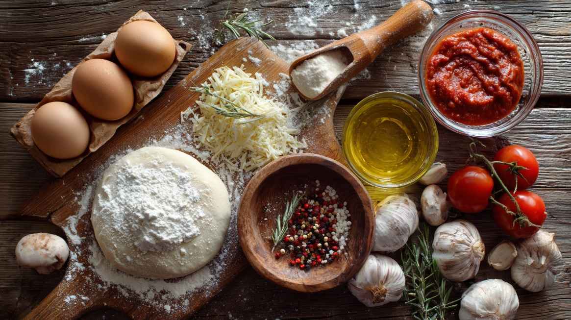 Sastojci za pripremu domaće pice uključuju testo, paradajz sos, sir i začine na drvenoj dasci