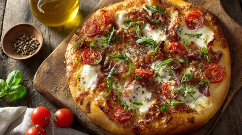 Domaća pica sa paradajzom, mocarelom i začinima na drvenoj dasci