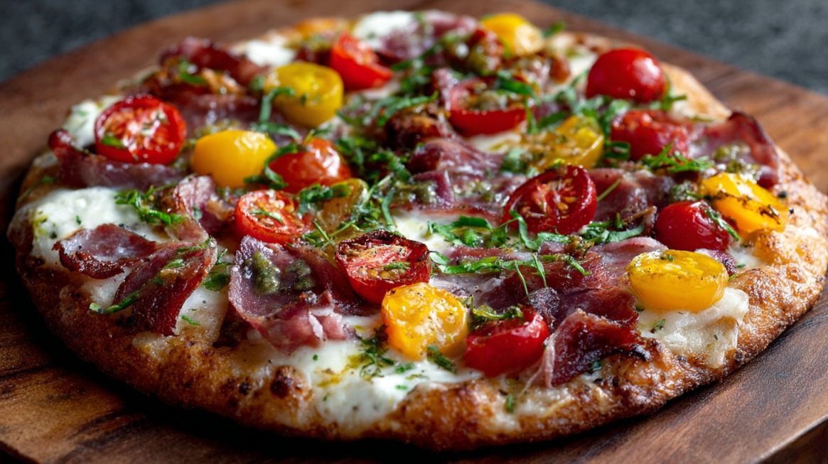 Pica na tiganju sa paradajzom, sirom i mesom na drvenoj podlozi