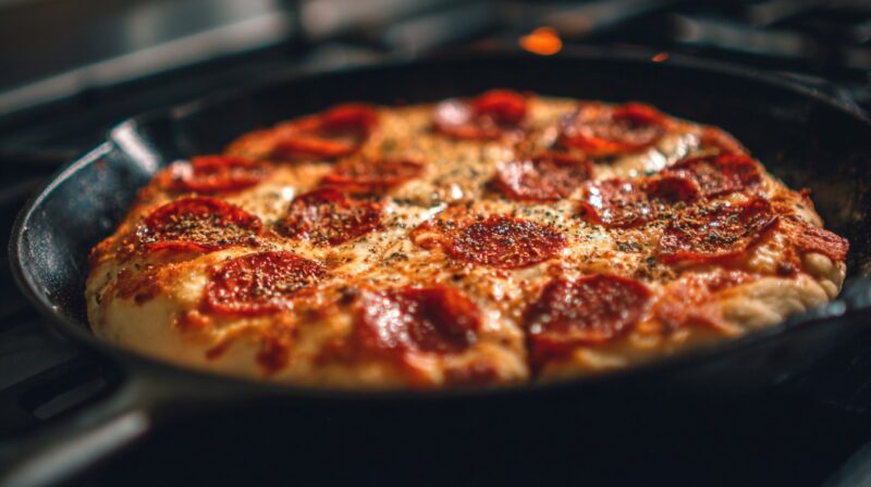 Pica sa salamom pripremljena na tiganju, zapečena sa sirom i začinima