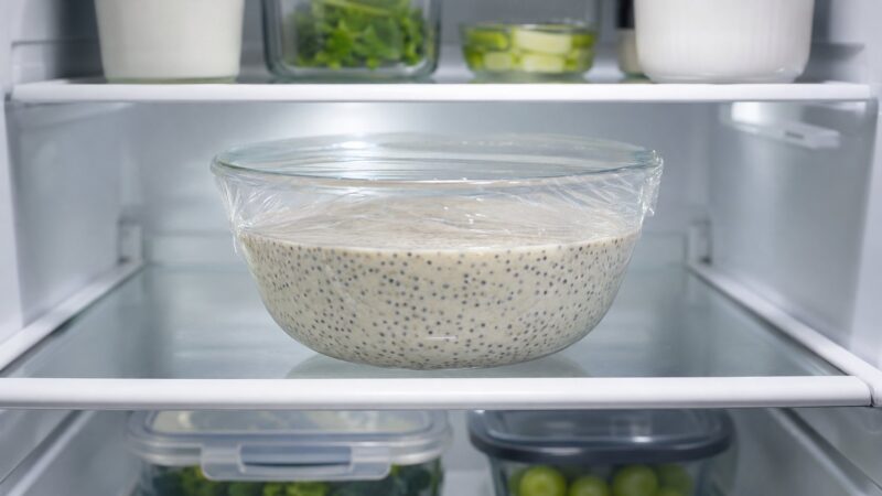Čia puding prekriven providnom folijom čuva se u staklenoj činiji u frižideru.
