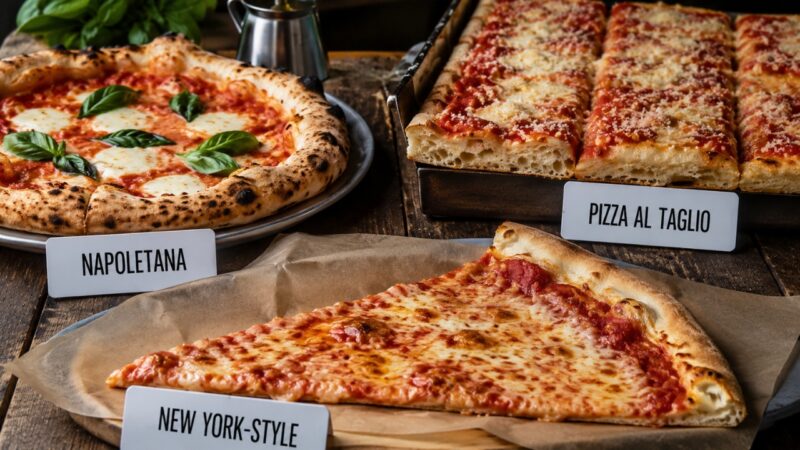 Napolitanska pica, pizza al taglio i New York-style pica prikazane su jedna pored druge radi poređenja