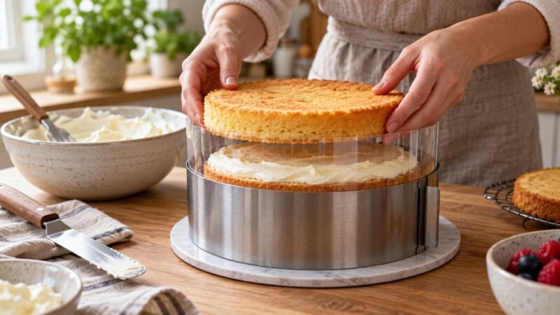 Poslastičarka pažljivo slaže kore i ravnomerno nanosi fil između slojeva torte.